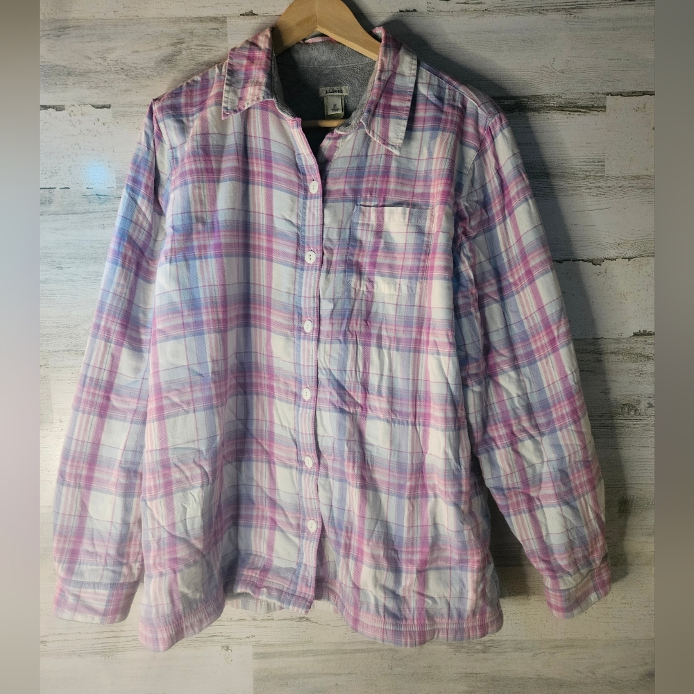 L.L.Bean Plaid Fleece Lined Womens Flannel Work Shirt Thick Size medium Pink